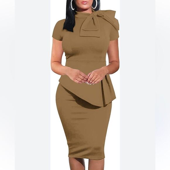 Elegant Strechy Peplum Bodycon Short Sleeve Work Dresses Bow Club Ruffle Pencil - Picture 1 of 14